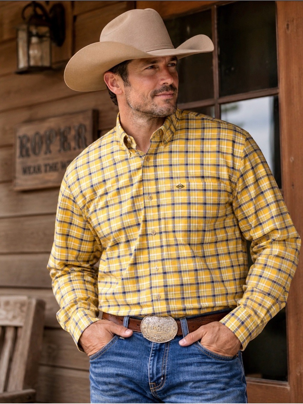Vintage Roper Mens L Yellow Plaid Western Button Down 100% Cotton